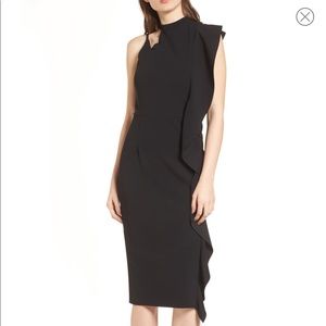 TOPSHOP  BLACK CREPE RUFFLE ONE SHOULDER DRESS
